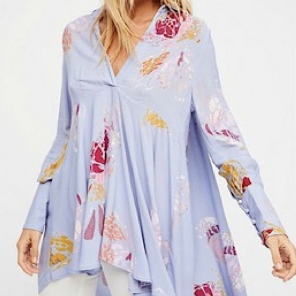 Free People Painted Meadow Tunic Dress Boho Floral Button Cuff - Size Small - Picture 5 of 16